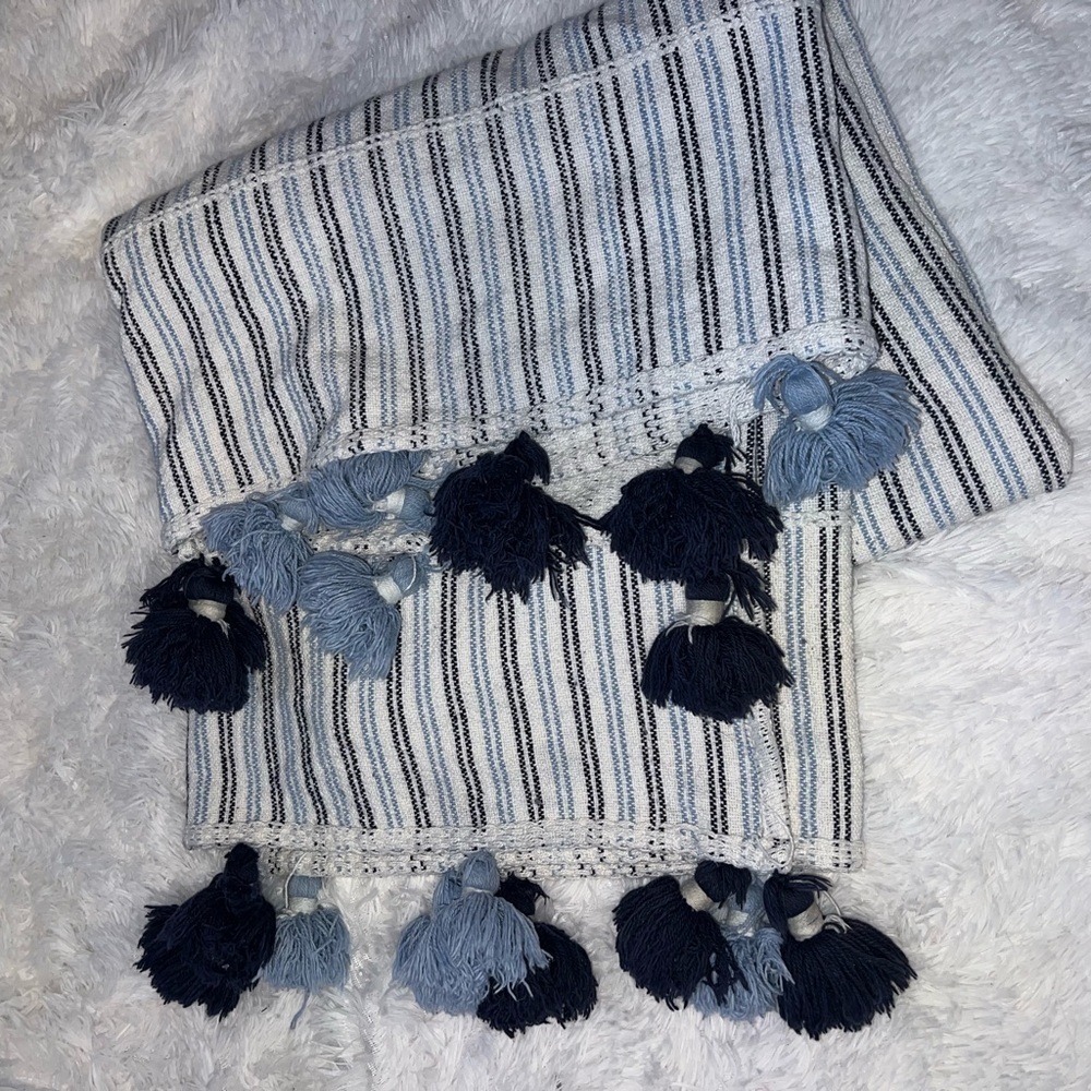 Blue and White Costal Beach Boho Blanket with Tassels 48x56